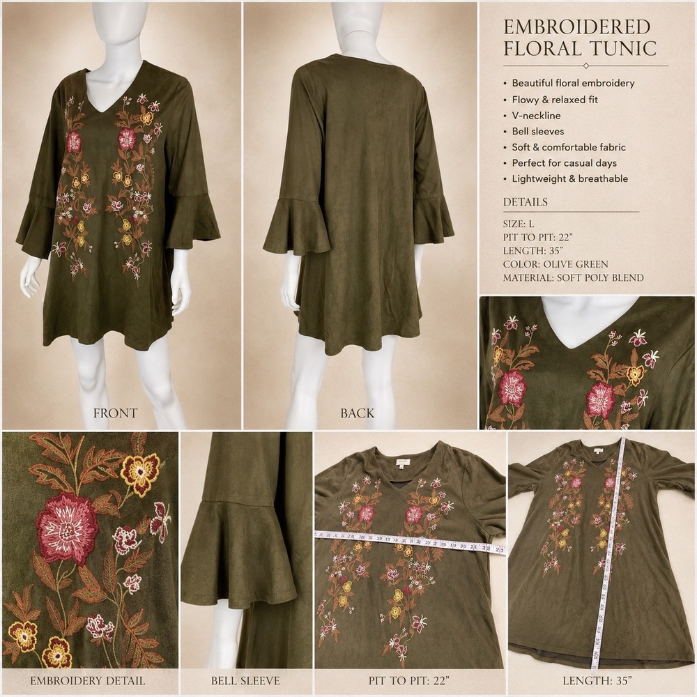 Umgee Boho Dark Green Floral Embroidered Faux Suede Ruffle Sleeve Tunic Dress L